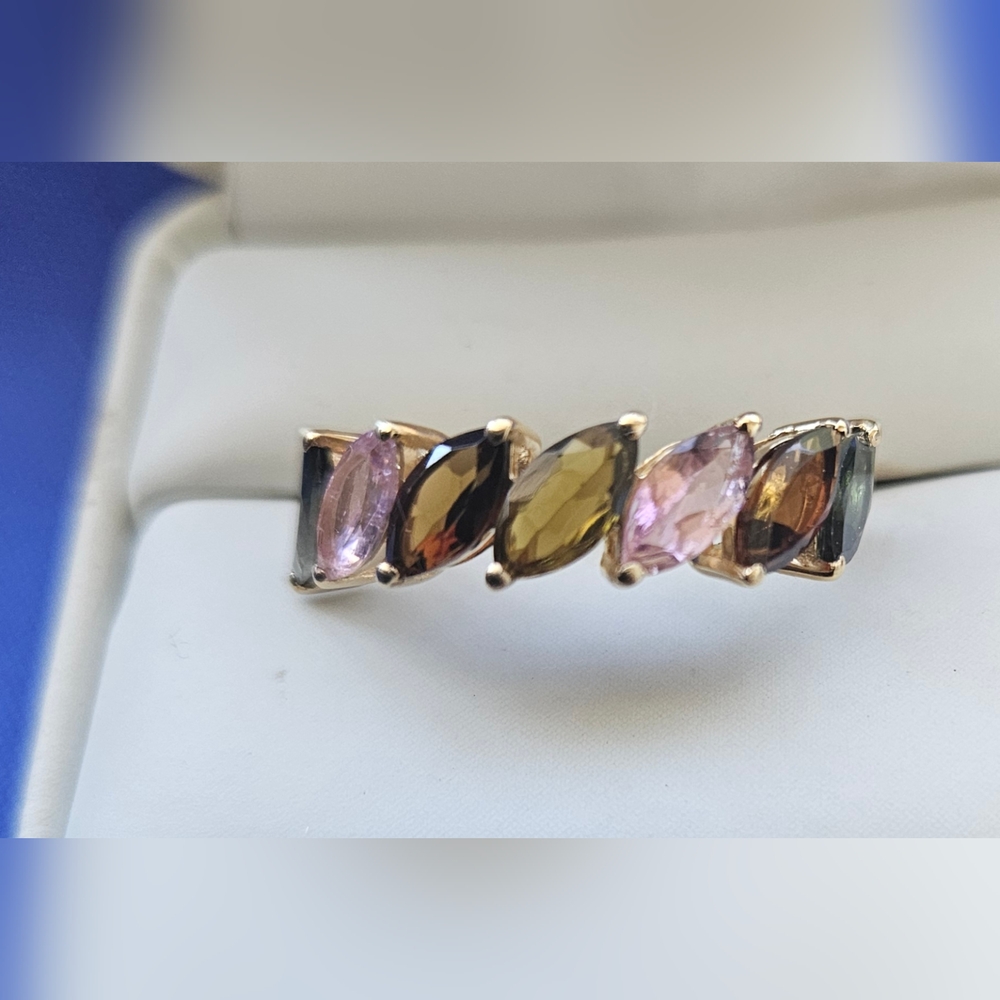Pink Red & Green Marquise 7 Stone Tourmaline Ring NEW